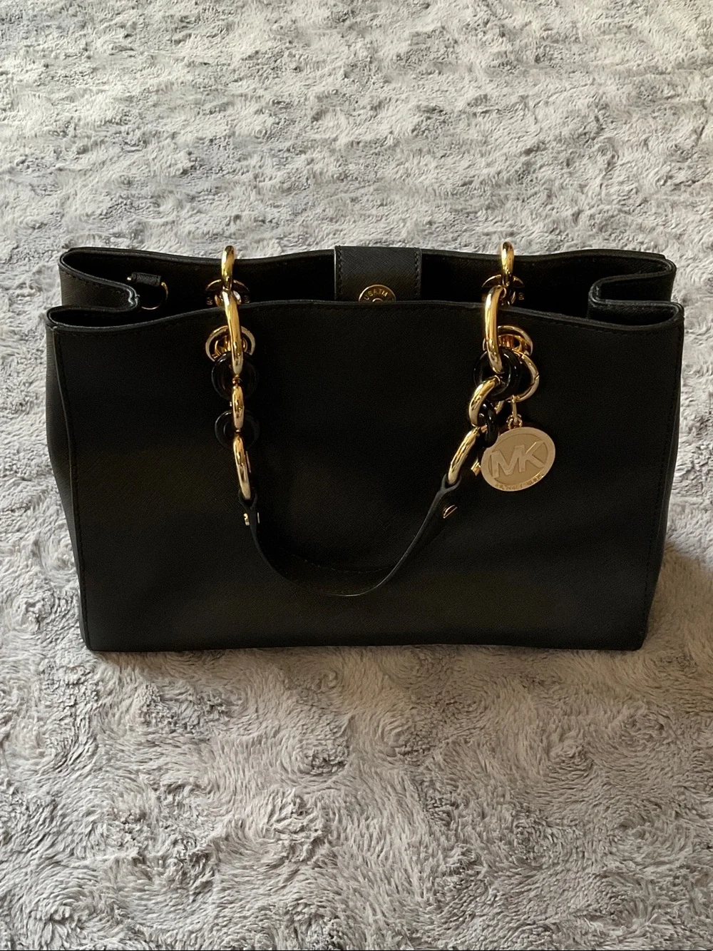 Michael Kors Black Leather Shoulder Tote with Gold Chain Trim